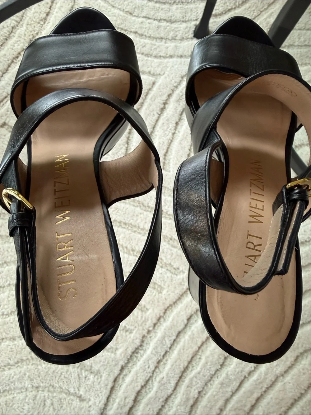 Stuart Weitzman Black Leather Ono 7.5 Platform Slingback Sandals with Box Bag